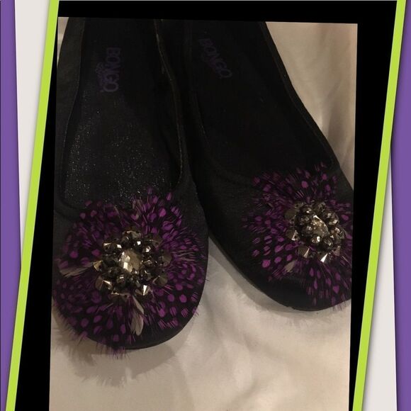 Bongo Black Slip-on Purple Feather Flats 2 - Picture 2 of 4